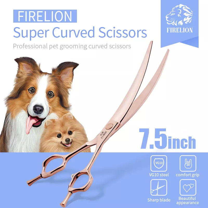 FIRELION Professional VG10 7.5 Inch Titanium Dog Grooming Curve Cutting Scissors Animal Pet Gold Super Curved Scissors for Groom