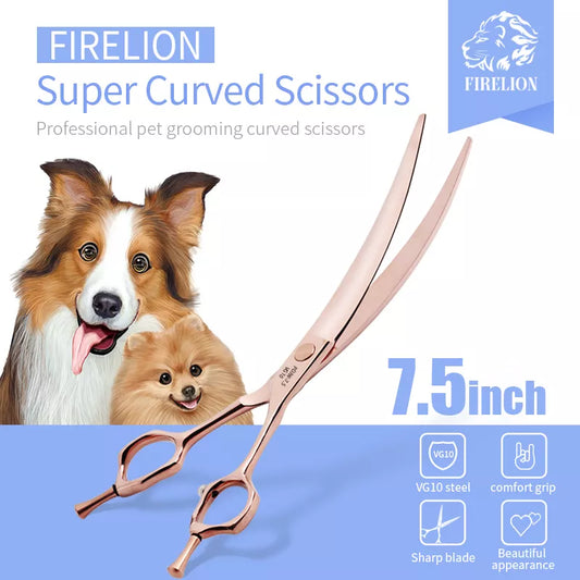 FIRELION Professional VG10 7.5 Inch Titanium Dog Grooming Curve Cutting Scissors Animal Pet Gold Super Curved Scissors for Groom